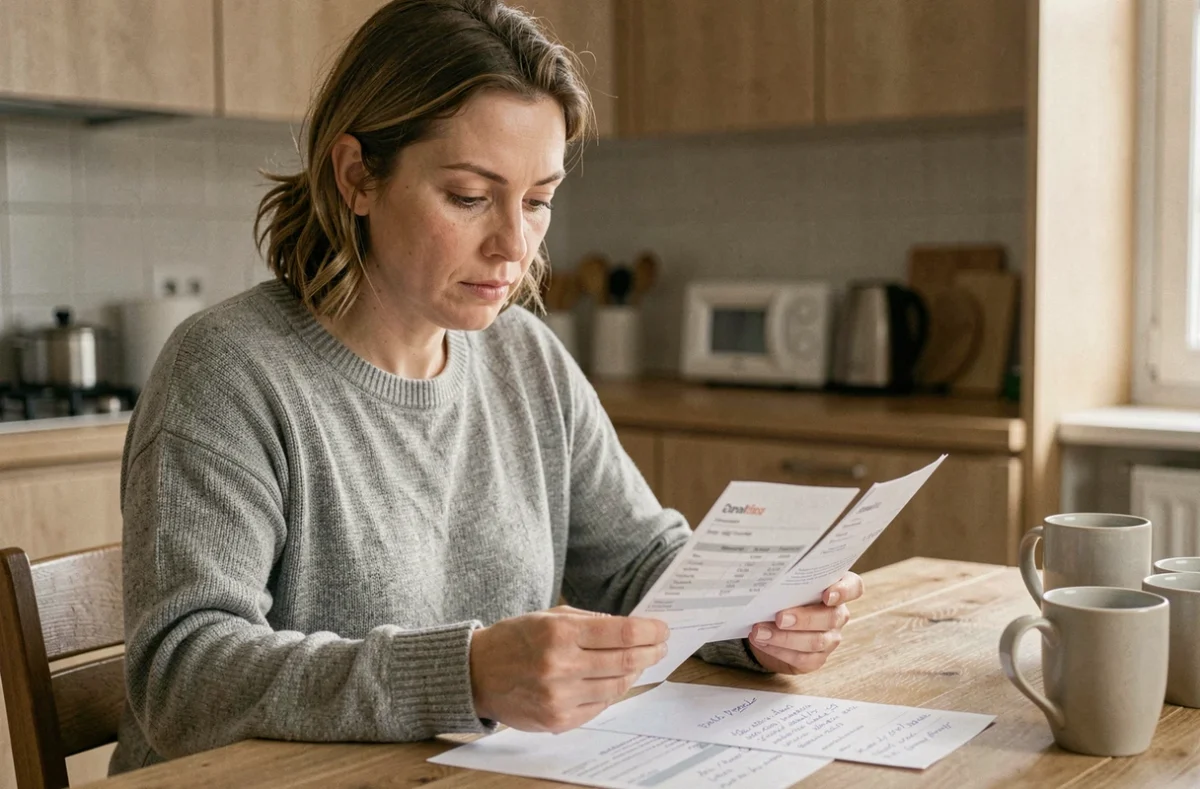 Femme consultant ses fiches de paie et son budget net après déductions sur 2300 euros brut