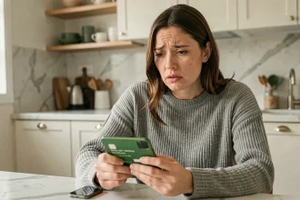 Femme inquiète tenant sa carte bancaire Crédit Agricole en vérifiant son téléphone après une perte ou un vol
