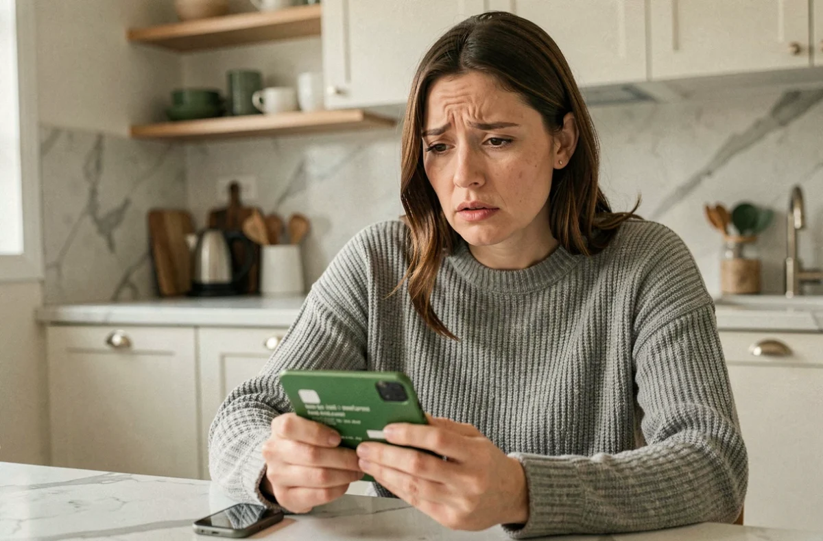 Femme inquiète tenant sa carte bancaire Crédit Agricole en vérifiant son téléphone après une perte ou un vol