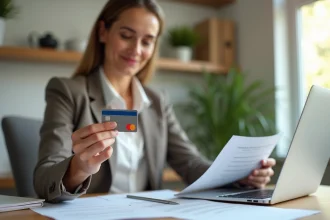 Femme tenant une carte Mastercard Crédit Agricole devant un bureau moderne pour choisir la meilleure offre selon ses revenus