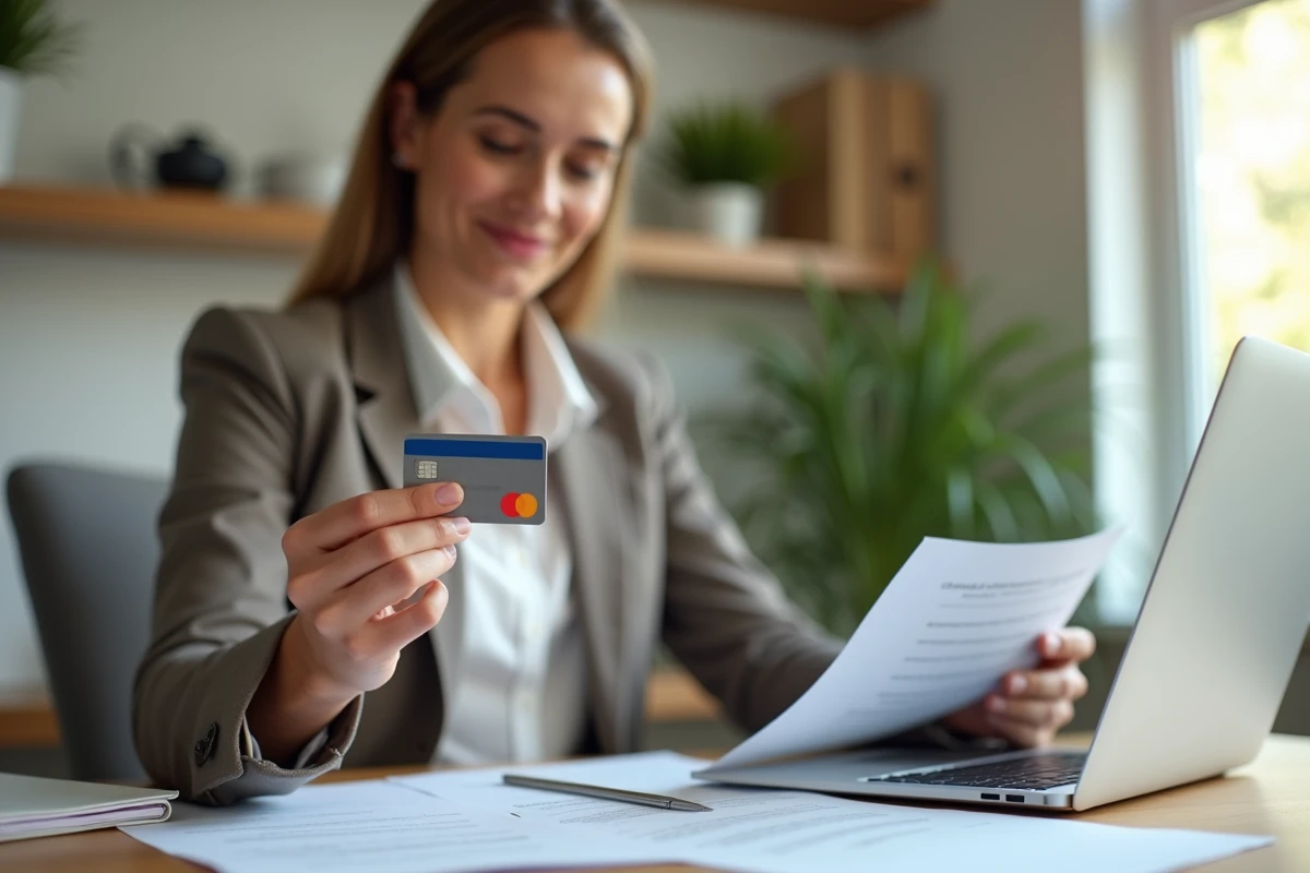 Femme tenant une carte Mastercard Crédit Agricole devant un bureau moderne pour choisir la meilleure offre selon ses revenus