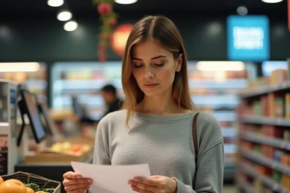 Femme examinant un chèque différé Leclerc à la caisse d'un supermarché en France
