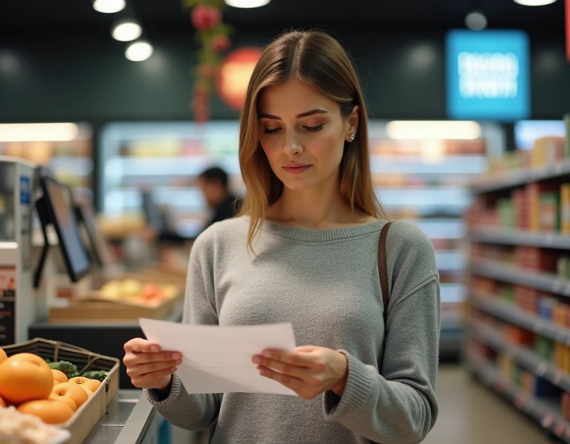 Femme examinant un chèque différé Leclerc à la caisse d'un supermarché en France