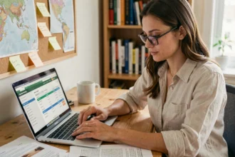 Femme comparant les prix d'une assurance voyage sur un ordinateur portable dans un bureau à domicile
