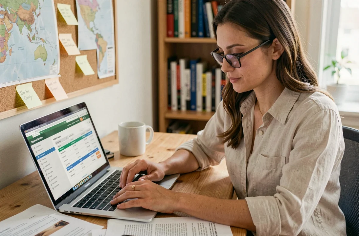 Femme comparant les prix d'une assurance voyage sur un ordinateur portable dans un bureau à domicile