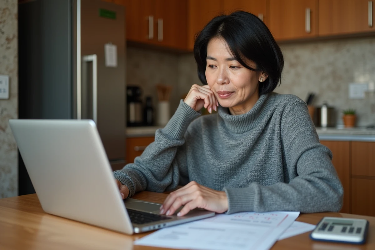 Femme au domicile comparant ses chiffres de salaire