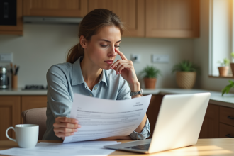 Femme examinant documents d'assurance vie à la maison