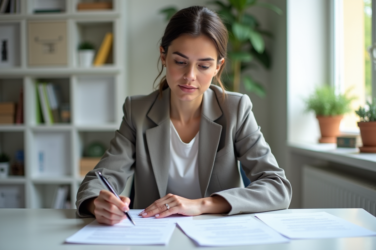 Femme d affaires examinant un contrat de location dans un appartement moderne