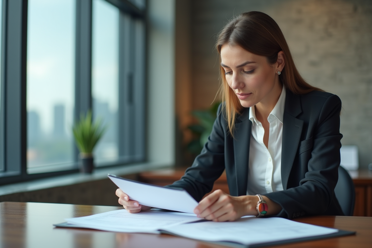 Femme d affaires examinant des documents immobiliers