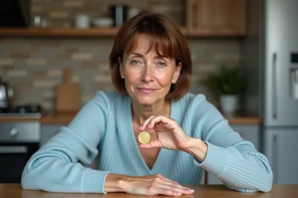 Femme fran&ccedil;aise examine un coin JO 2026 avec curiosit&eacute;