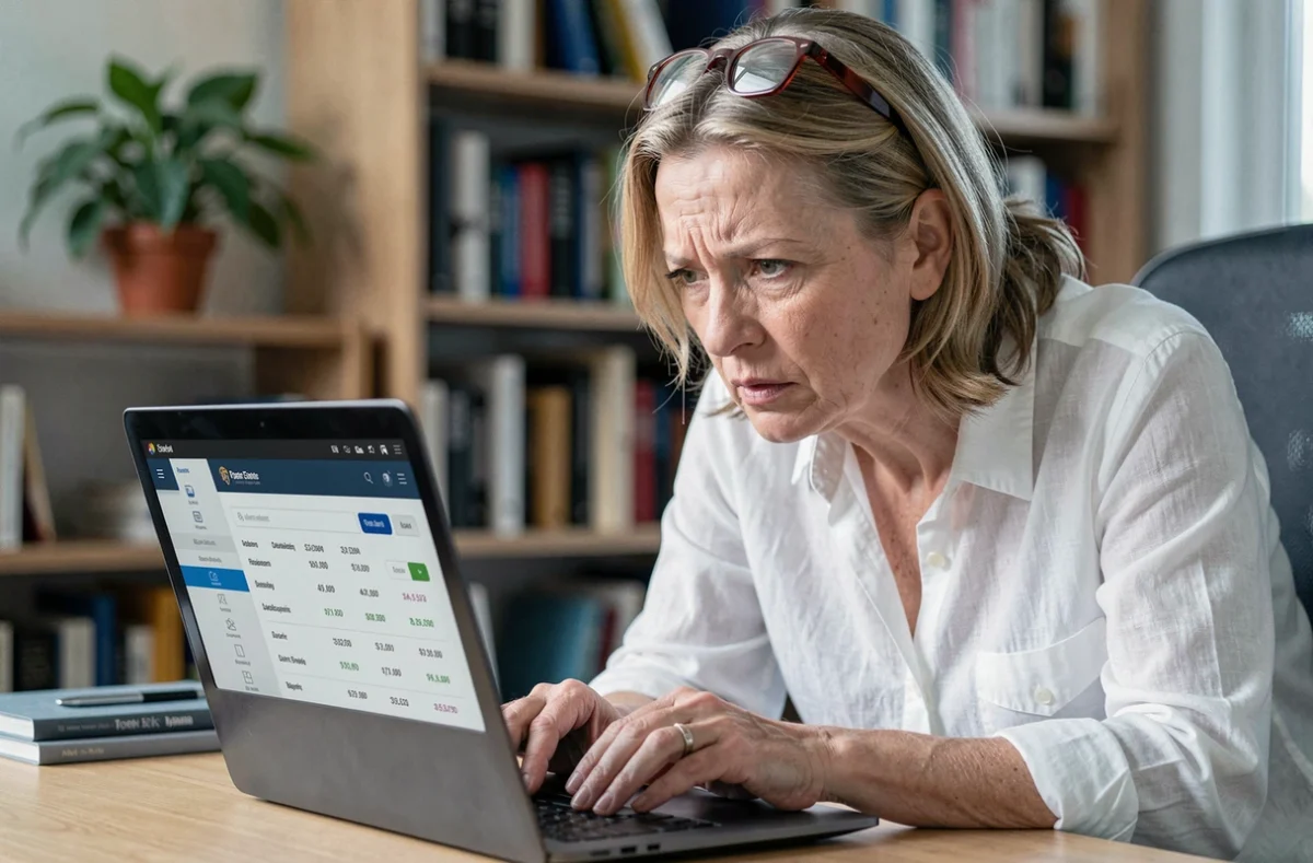 Femme senior découvrant une fraude bancaire sur son compte Crédit Agricole depuis son ordinateur à domicile