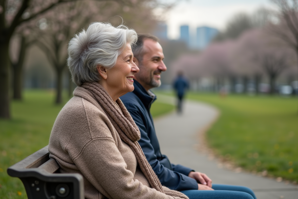 Femme âgée souriante discute avec un jeune homme au parc