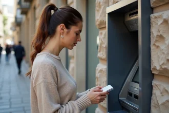 Femme retirant de l'argent à un distributeur de billets en ville avec sa carte bancaire