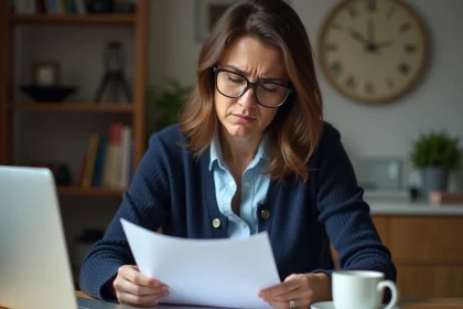 Femme consultant des documents administratifs de P&ocirc;le emploi &agrave; son bureau &agrave; domicile