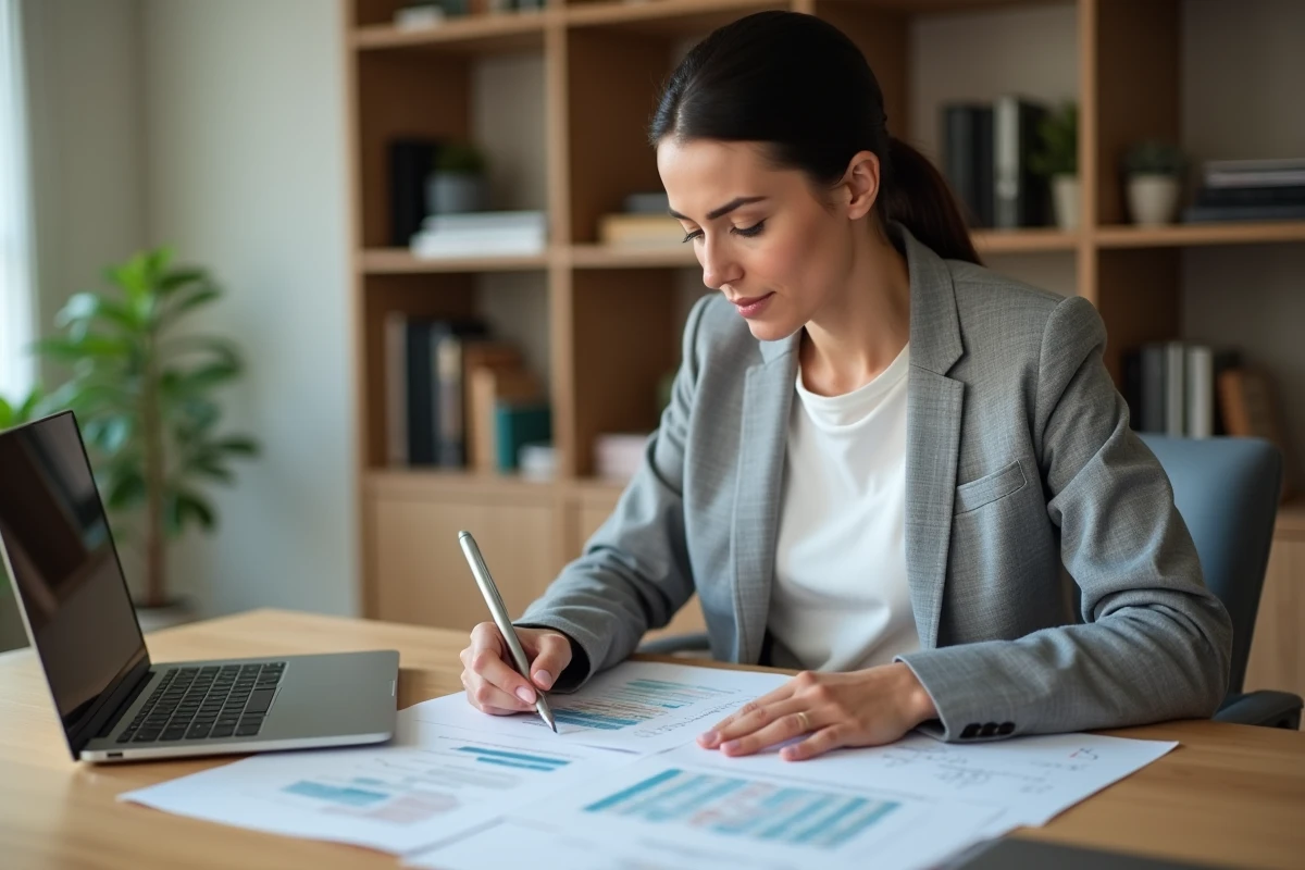 Femme consultant des documents financiers pour préparer un crédit immobilier à taux bonifié via un livret LEL