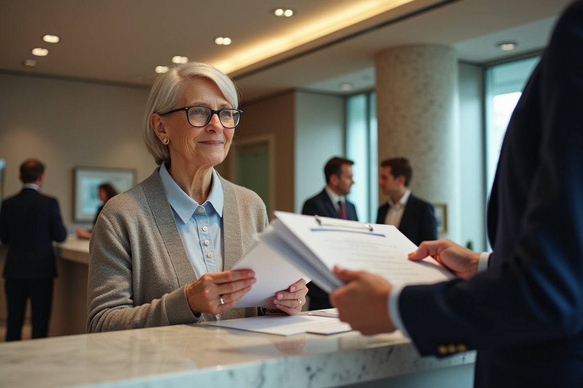 Femme âgée remettant des documents à un conseiller bancaire