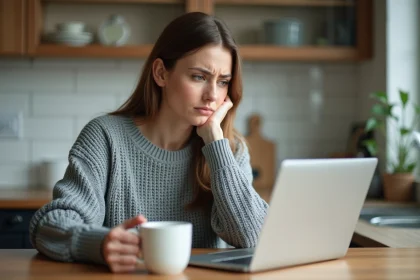 Femme inquiète consultant son relevé bancaire en ligne après un double débit Virtualis CMB sur son compte
