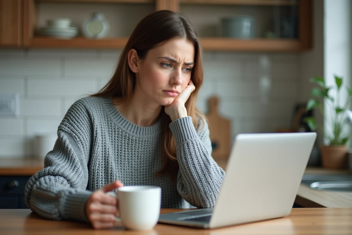 Femme inquiète consultant son relevé bancaire en ligne après un double débit Virtualis CMB sur son compte