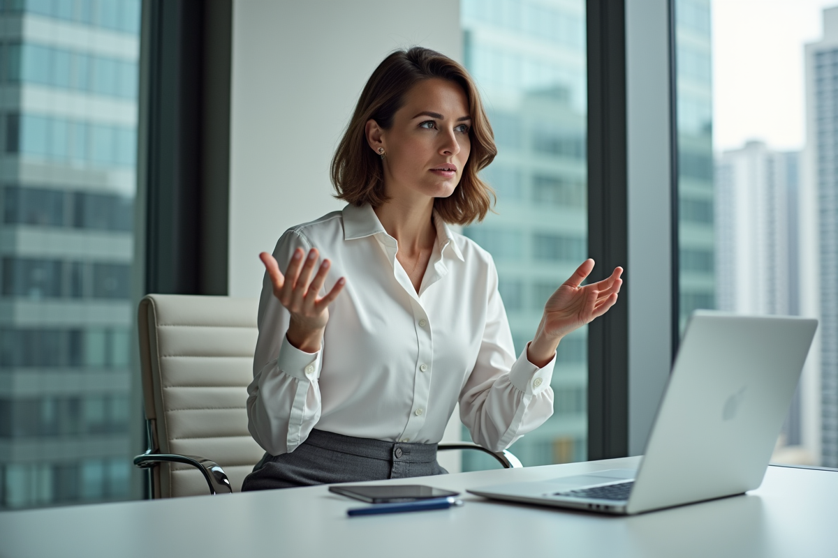 Femme entrepreneure en réunion avec vue sur la ville