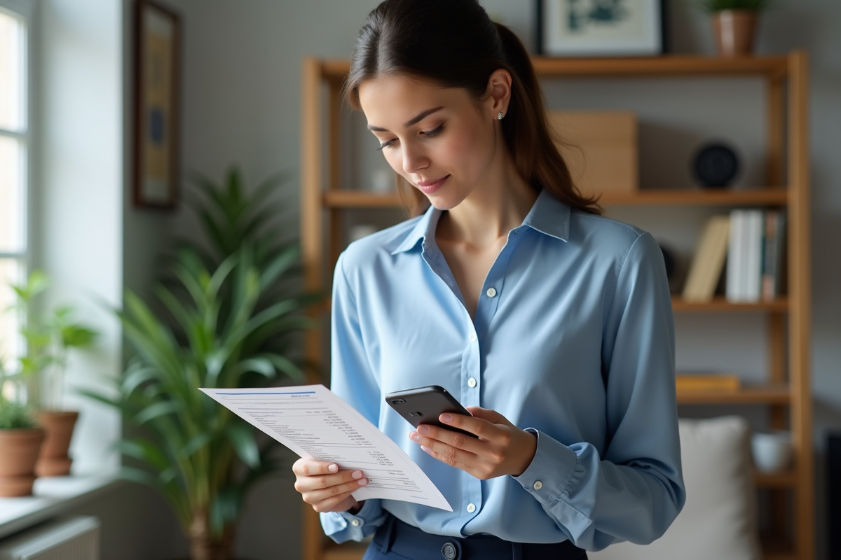 Jeune femme vérifiant ses comptes avec un smartphone et un relevé