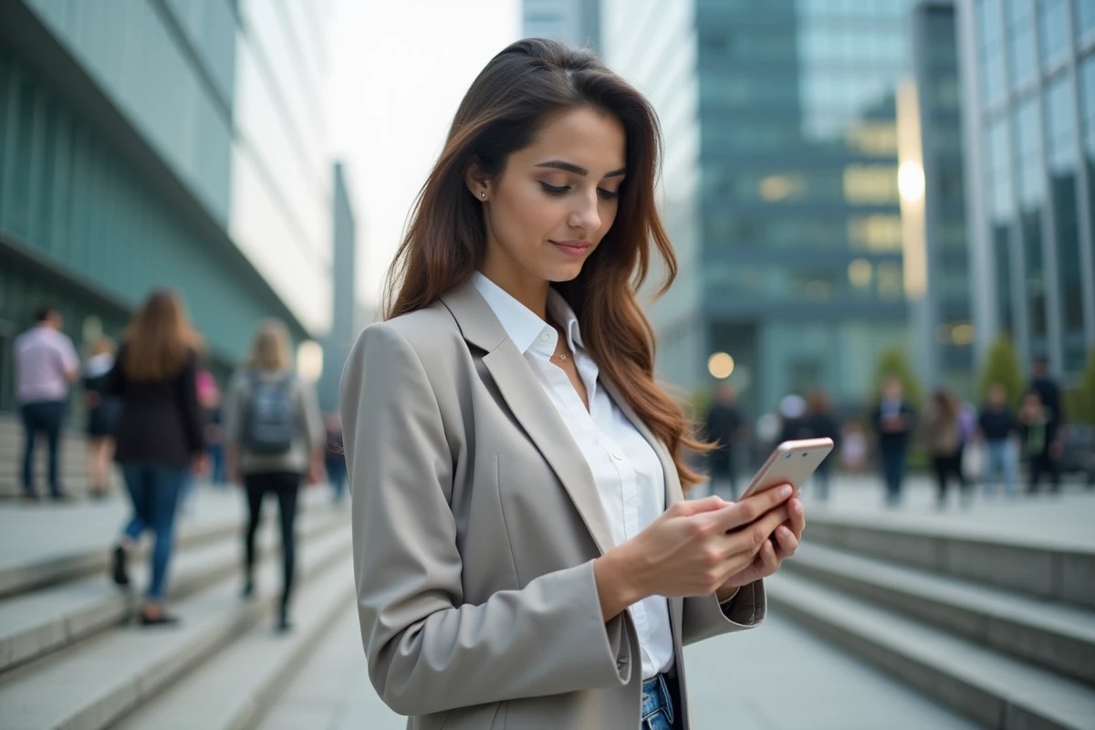 Femme regardant son smartphone dans un quartier financier urbain