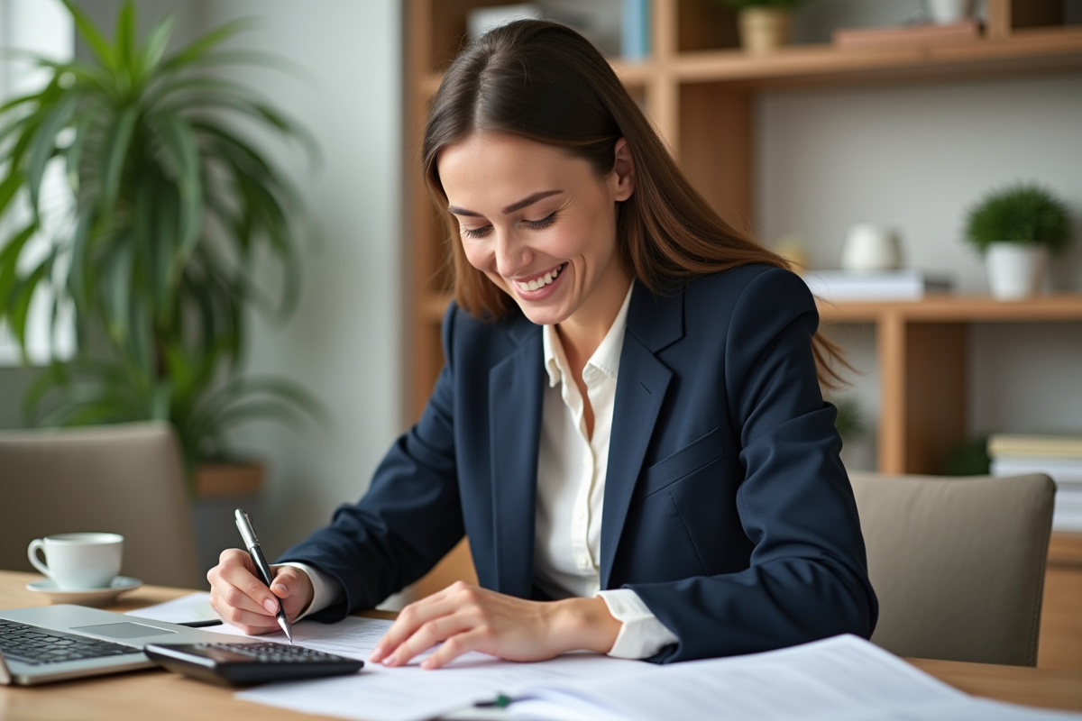 Femme souriante en bureau moderne pour article finances