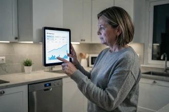 Femme consultant les horaires heures creuses EDF sur une tablette connectée dans une cuisine moderne la nuit