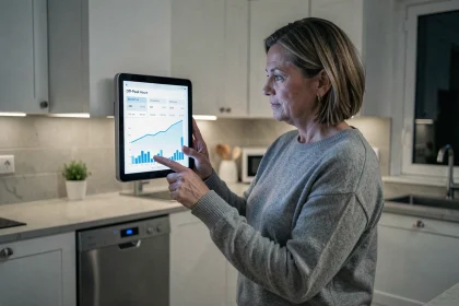 Femme consultant les horaires heures creuses EDF sur une tablette connectée dans une cuisine moderne la nuit