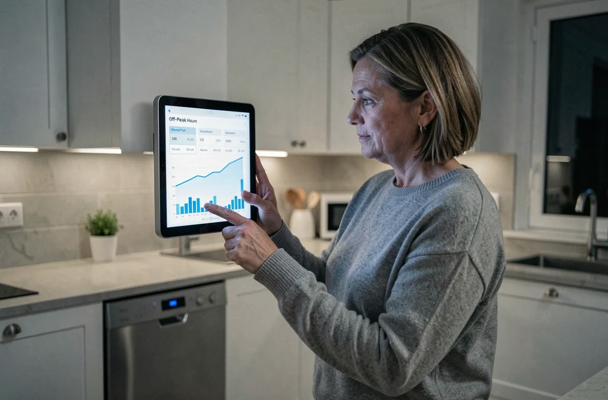 Femme consultant les horaires heures creuses EDF sur une tablette connectée dans une cuisine moderne la nuit