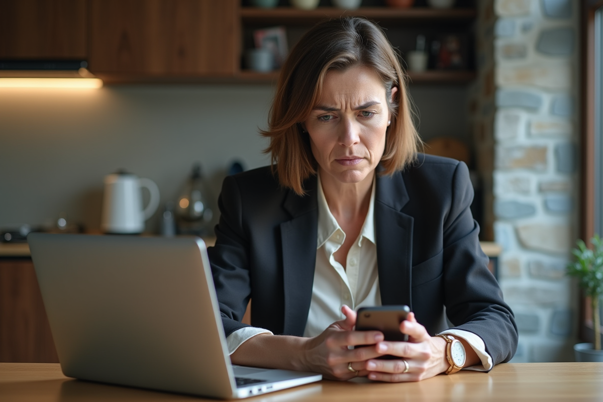 Femme inquiète travaillant sur son ordinateur à la maison