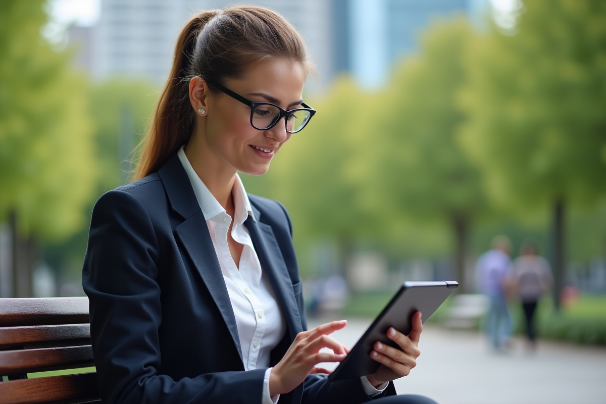 Femme utilisant une tablette dans un parc urbain pour suivre ses investissements
