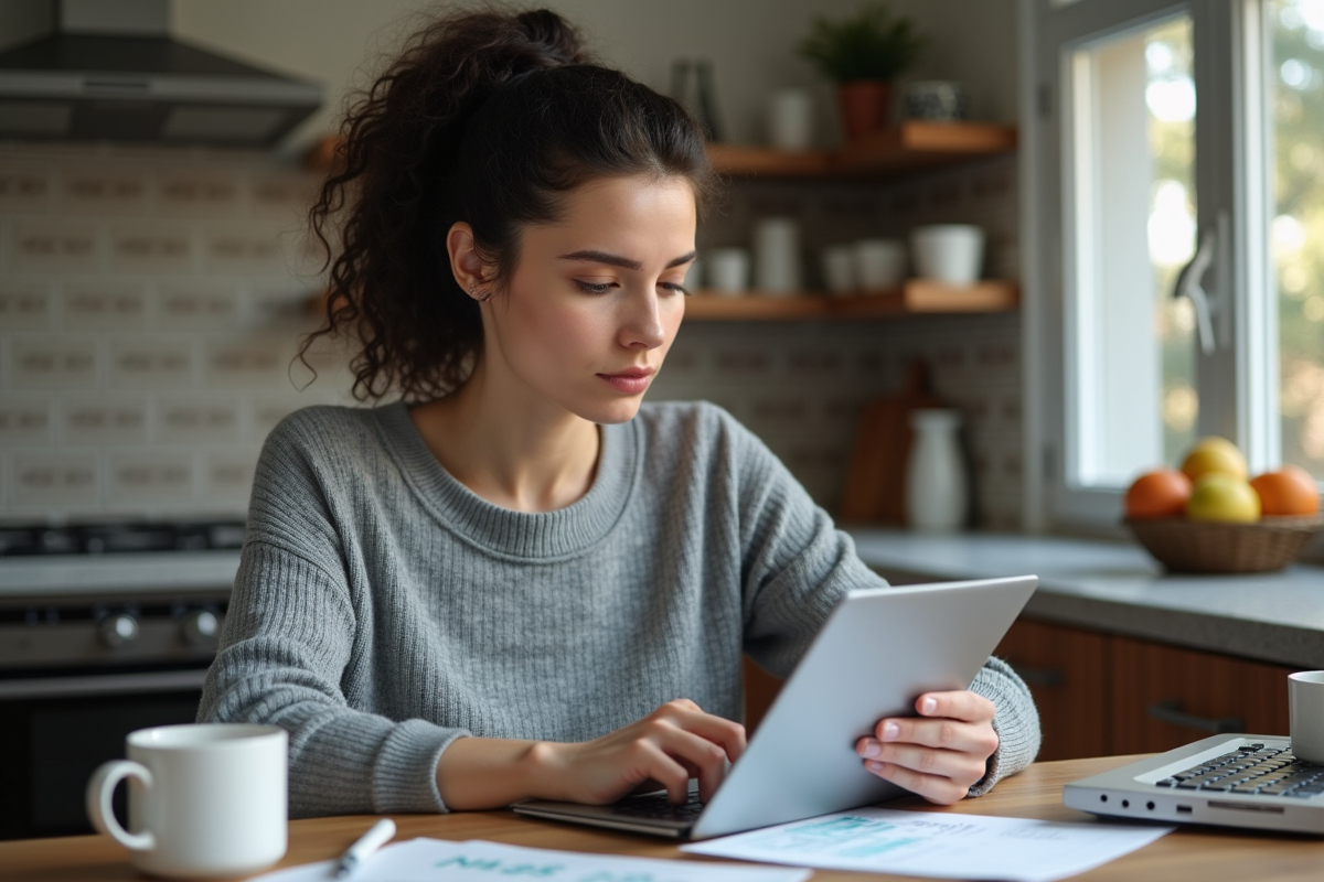 Femme utilisant une tablette dans la cuisine avec résumé Kraken
