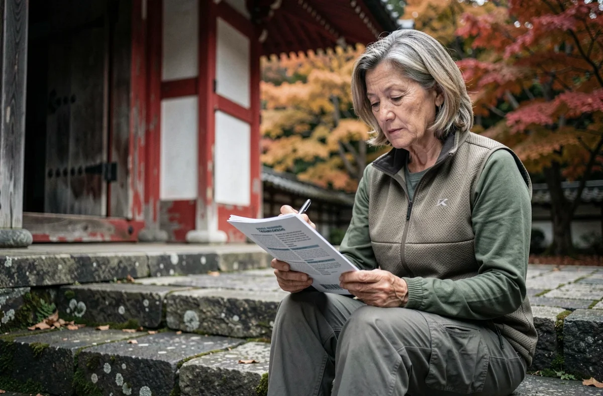 Femme lisant sa police d'assurance voyage devant un temple japonais traditionnel en automne