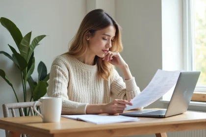 Femme lisant des documents dans une cuisine chaleureuse