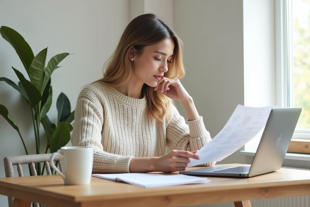 Femme lisant des documents dans une cuisine chaleureuse