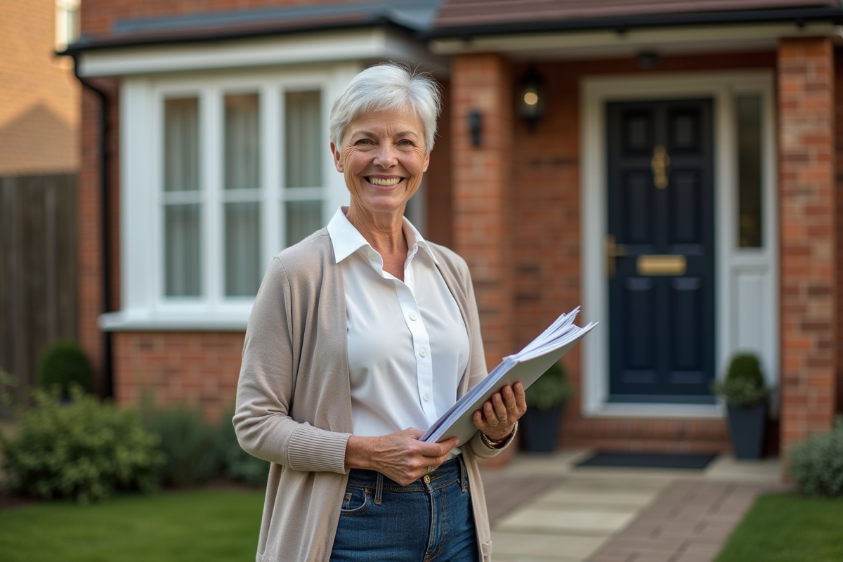 Femme mature souriante devant une maison de banlieue
