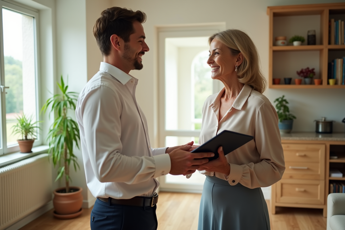 Femme âgée et son fils échangeant un dossier dans un salon lumineux