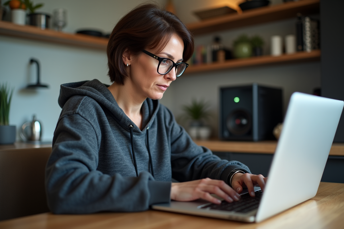 Femme vérifie un tableau de minage de cryptomonnaie à la maison
