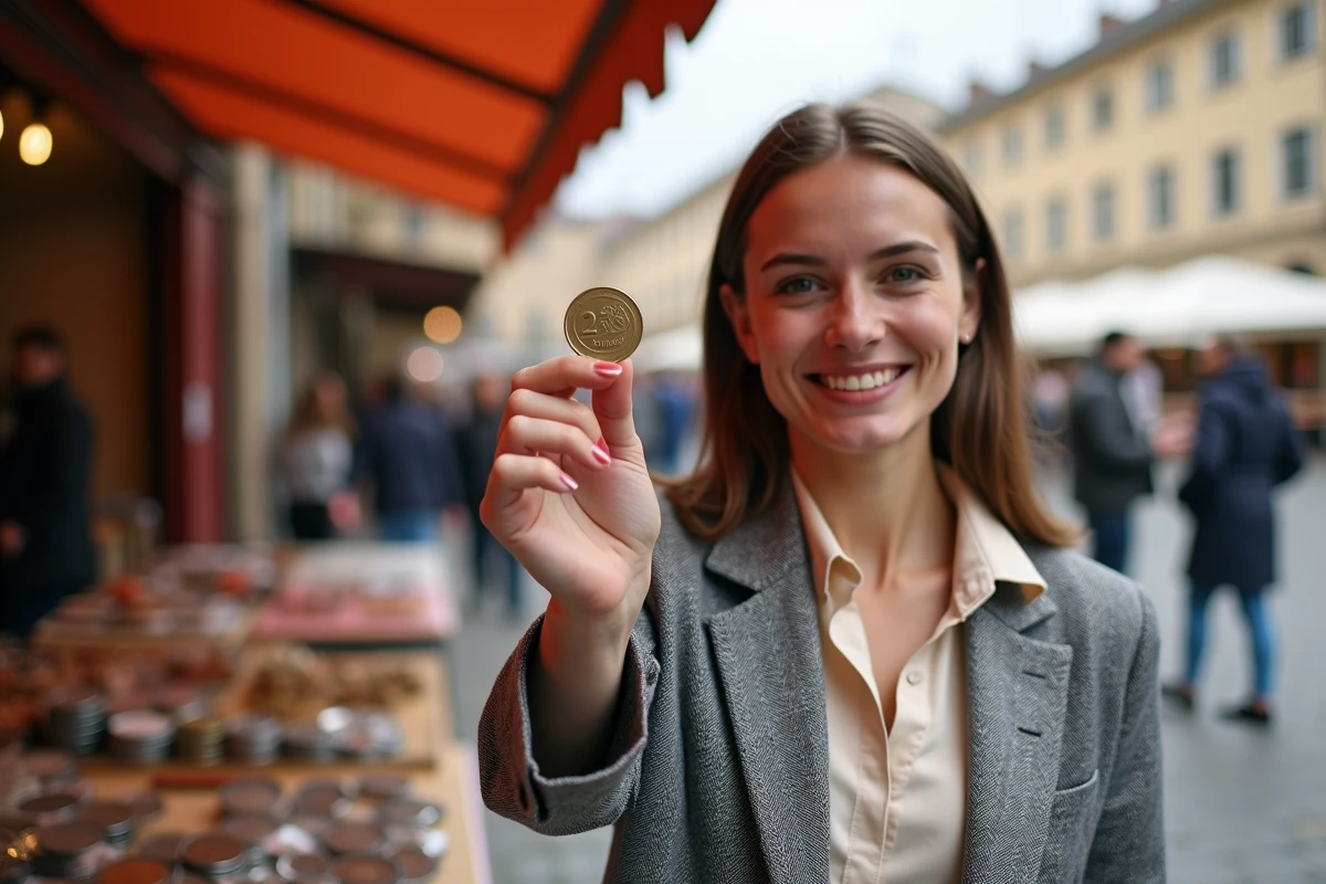 Jeune femme tenant une pi&egrave;ce de 2 euros Jeux Olympiques 2026 au march&eacute;