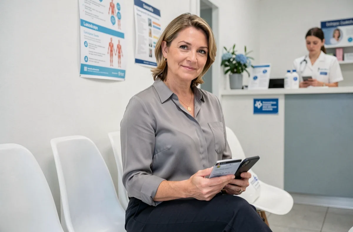 Femme vérifiant sa couverture mutuelle Michelin dans une salle d'attente médicale