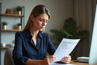 Femme examinant un relevé bancaire dans un bureau moderne