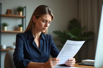 Femme examinant un relevé bancaire dans un bureau moderne