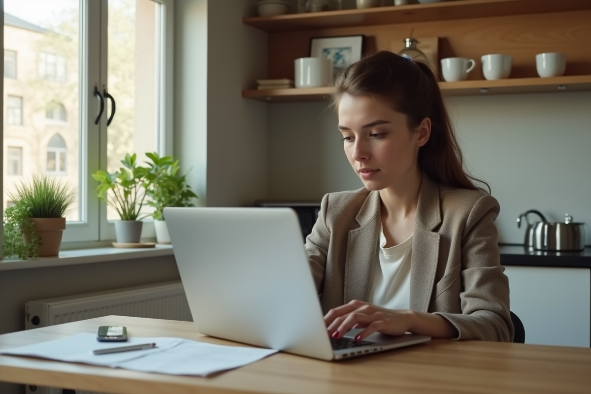 Jeune femme vérifiant son relevé bancaire en ligne à la maison