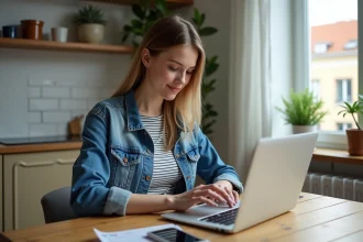 Femme en denim et tshirt à la maison tape un relevé de facture