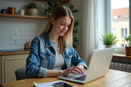 Femme en denim et tshirt &agrave; la maison tape un relev&eacute; de facture