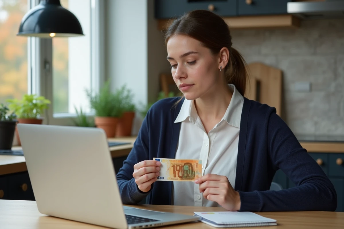 Jeune femme avec note euro et ordinateur dans cuisine