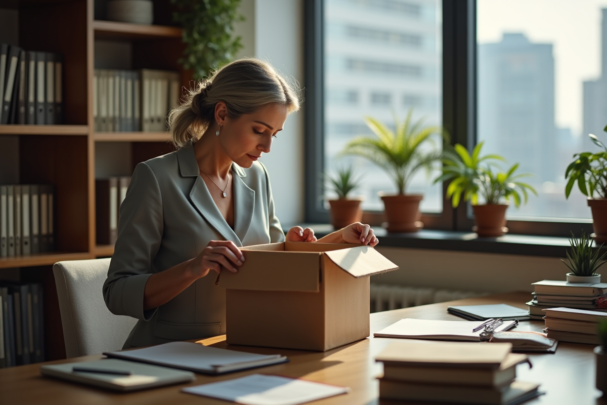 Femme d'environ 55 ans rangeant ses affaires dans un bureau chaleureux