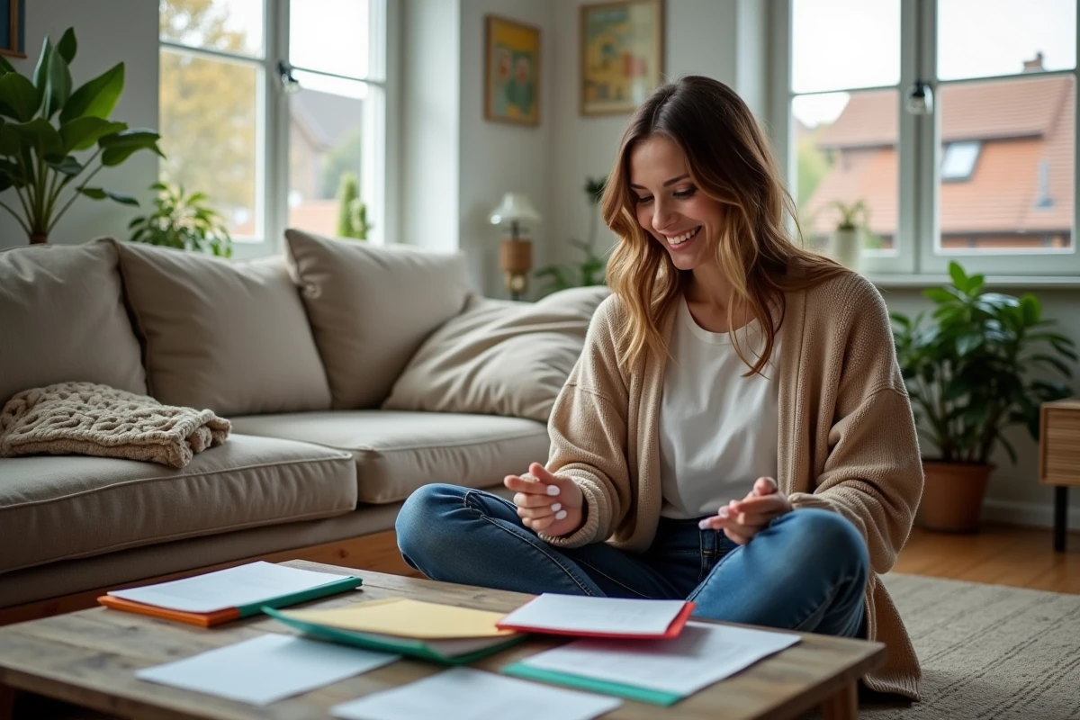 Femme organisant des dossiers financiers dans un salon cosy