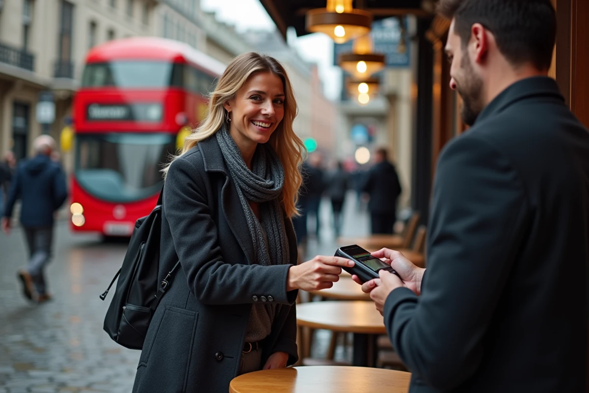 Femme en manteau noir utilisant sa carte contactless à Dublin