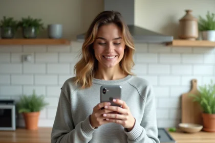 Femme utilisant PayPal sur smartphone dans une cuisine moderne pour effectuer un paiement mobile